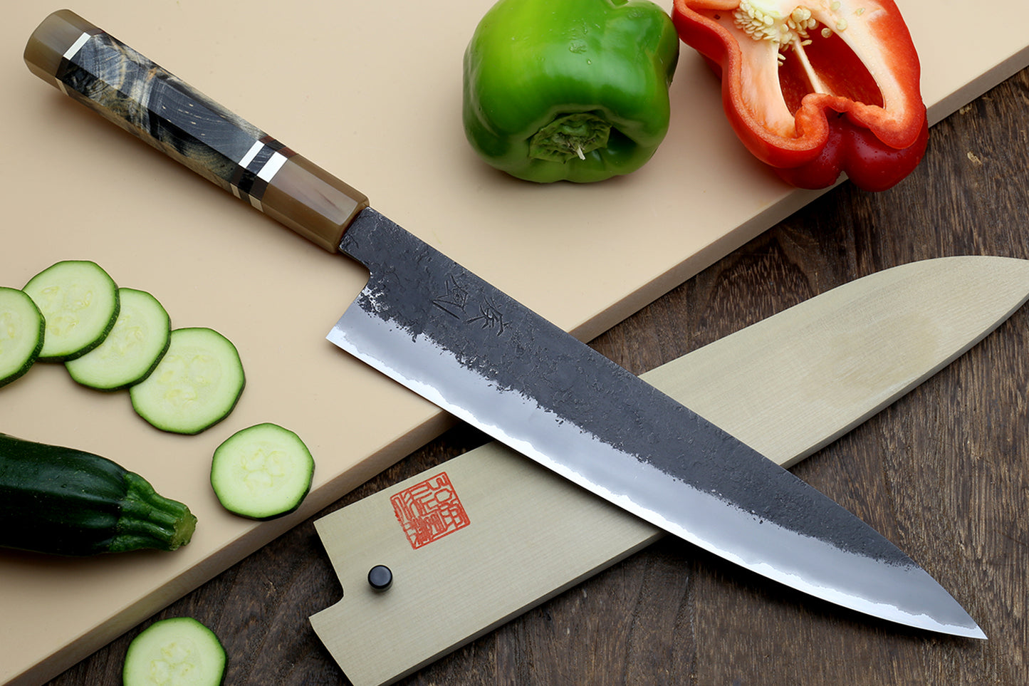 Hayate Hinoura Kurouchi Black-Forged Blue Steel Stainless Clad Gyuto Chefs Knife