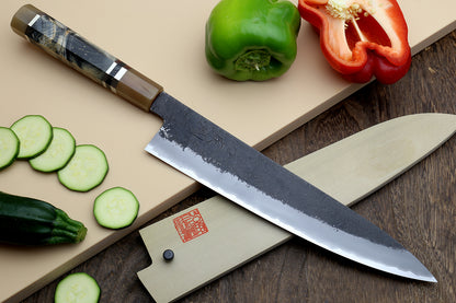 Hayate Hinoura Kurouchi Black-Forged Blue Steel Stainless Clad Gyuto Chefs Knife