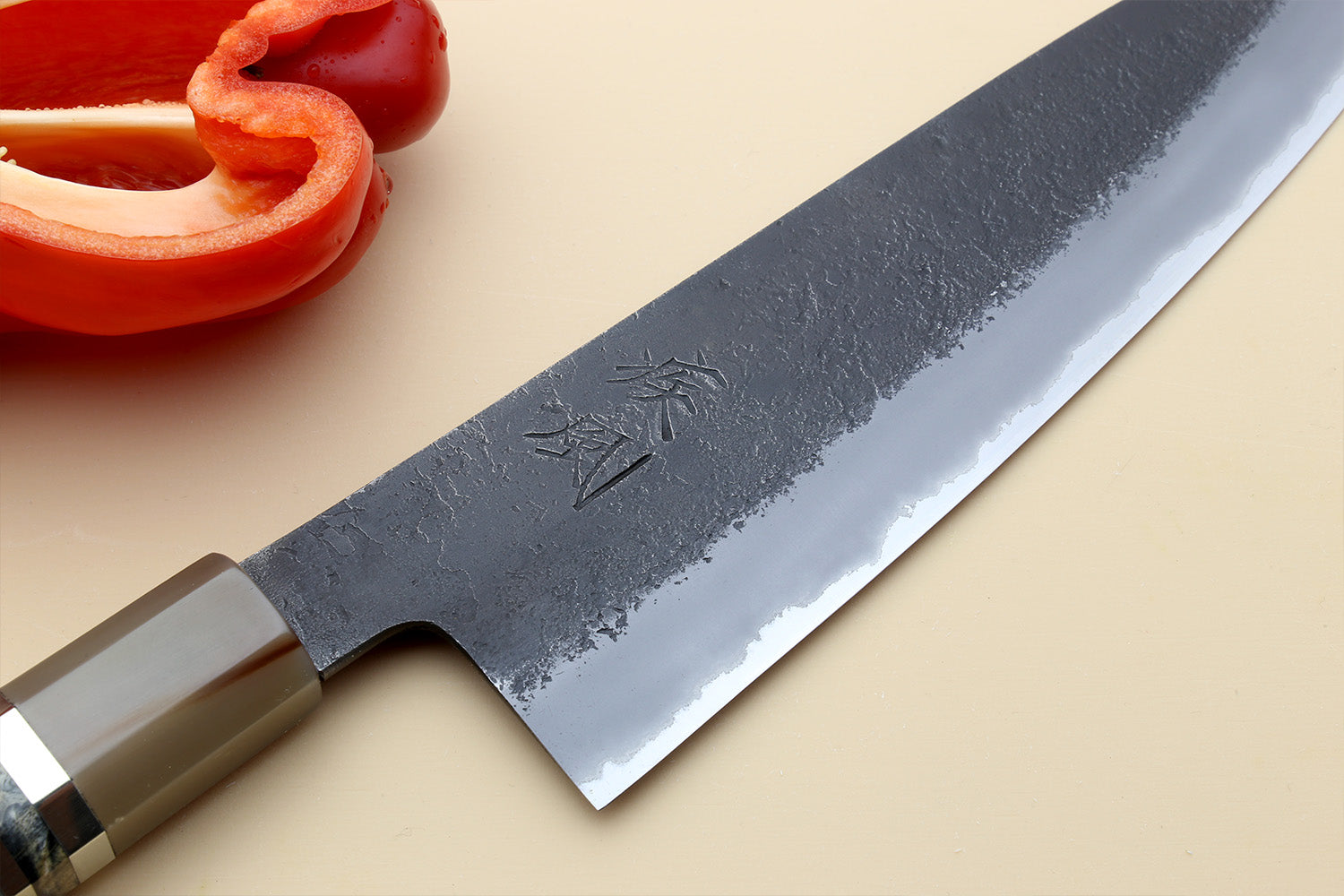 Hayate Hinoura Kurouchi Black-Forged Blue Steel Stainless Clad Gyuto Chefs Knife