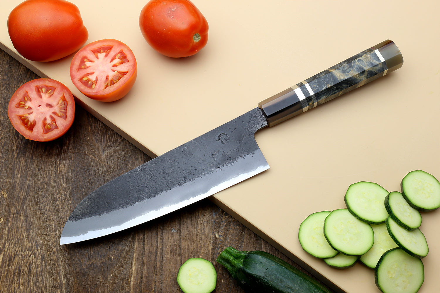 Hayate Hinoura Kurouchi Black-Forged Blue Steel Stainless Clad Santoku Multipurpose Knife