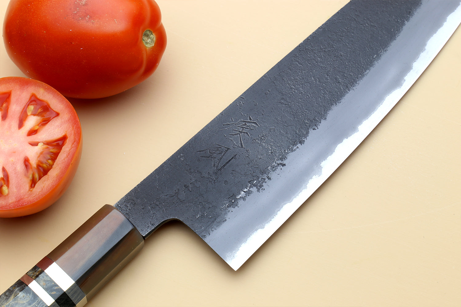 Hayate Hinoura Kurouchi Black-Forged Blue Steel Stainless Clad Santoku Multipurpose Knife