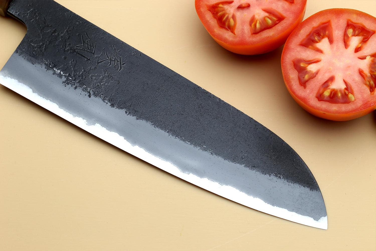 Hayate Hinoura Kurouchi Black-Forged Blue Steel Stainless Clad Santoku Multipurpose Knife