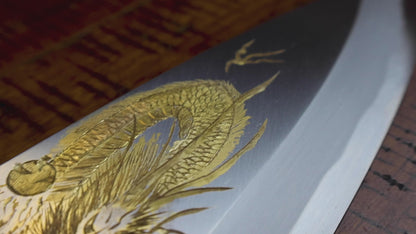 Yoshihiro Kasumi White Steel Deba Fish Fillet Knife – Hand-Etched Gold 3-SET, Limited Edition, 300mm (Magnolia Handles)