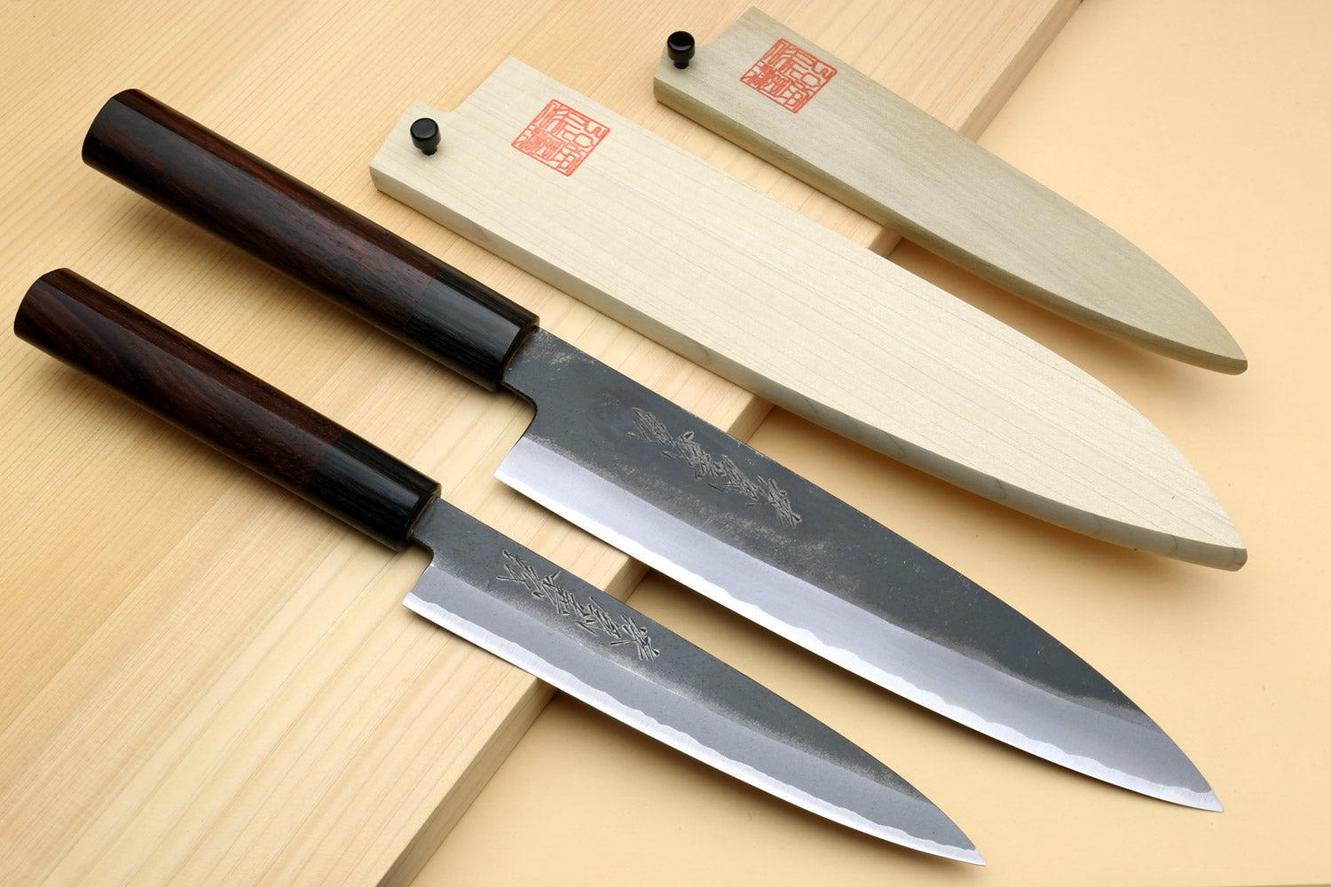 Yoshihiro Black Finish Blue Steel #2 Kurouchi Gyuto Chef Knife and Petty Set with Saya Cover