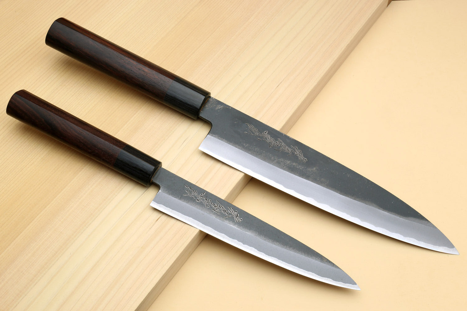 Yoshihiro Black Finish Blue Steel #2 Kurouchi Gyuto Chef Knife and Petty Set with Saya Cover