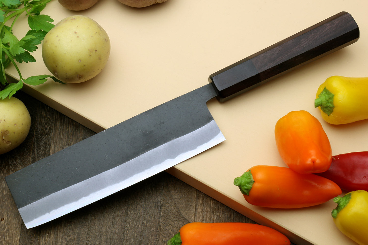 Yoshihiro Black Finish Blue Steel #2 Kurouchi Nakiri Japanese Vegetable Chef Knife 6.5" (165mm) Octagonal Shitan Handle