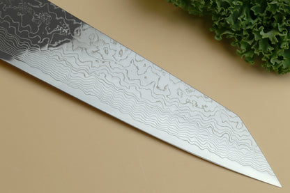 Yoshihiro Damascus SG2 (R2) Semi-Stainless Kiritsuke Chef Knife, Triple Ring Stabilized Maple Burl Handle