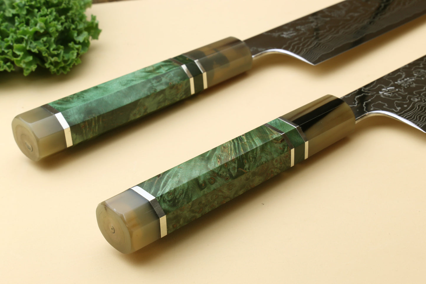 Yoshihiro Damascus SG2 (R2) Semi-Stainless Kiritsuke Chef Knife, Triple Ring Stabilized Maple Burl Handle