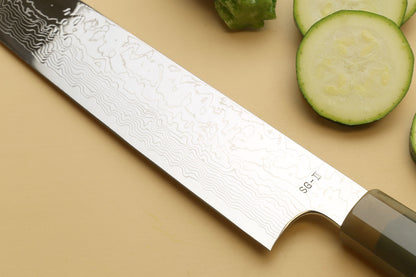 Yoshihiro Damascus SG2 (R2) Semi-Stainless Utility-Kiritsuke Chef Knife, Triple Ring Stabilized Maple Burl Handle