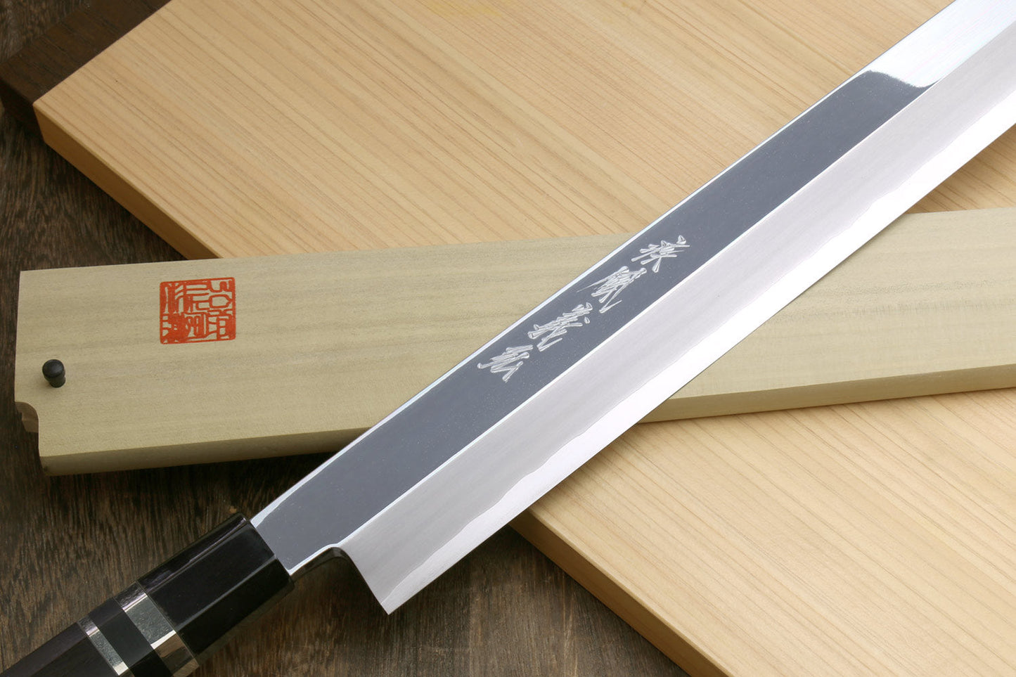 Yoshihiro Ginsan Mirror Polished Stain Resistant Steel Maguro Bocho Tuna Knife with Triple Silver Ring Ebony Handle (Yanagi Style) *Blade Length 17.7"