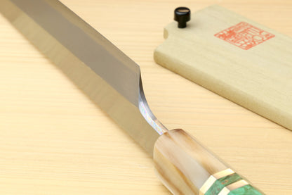 Yoshihiro Gintsuru Ginsan Stainless Steel Yanagi Kiritsuke Sushi Sashimi Japanese Knife with Stabilized Maple Burl Handle and Magnolia Saya Cover