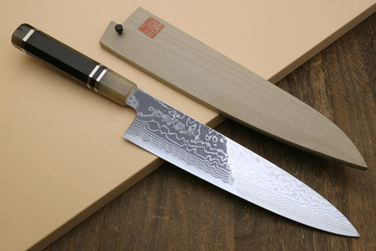 Yoshihiro HAP40 High Speed Stainless Steel Damascus Gyuto Chefs Knife, Octagonal Ebony Wood Handle with Triple Ring