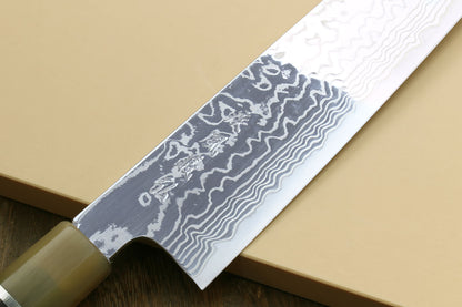 Yoshihiro HAP40 High Speed Stainless Steel Damascus Gyuto Chefs Knife, Octagonal Ebony Wood Handle with Triple Ring