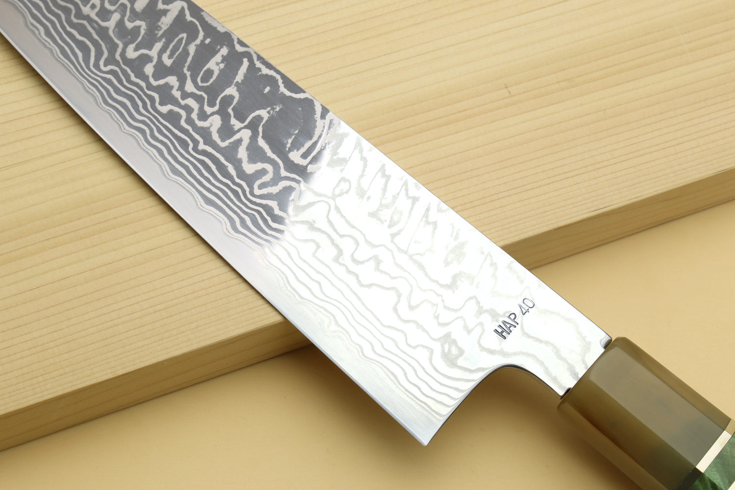 Yoshihiro HAP40 High Speed Stainless Steel Suminagashi Gyuto Chefs Knife, Triple Ring Stabilized Maple Burl Handle