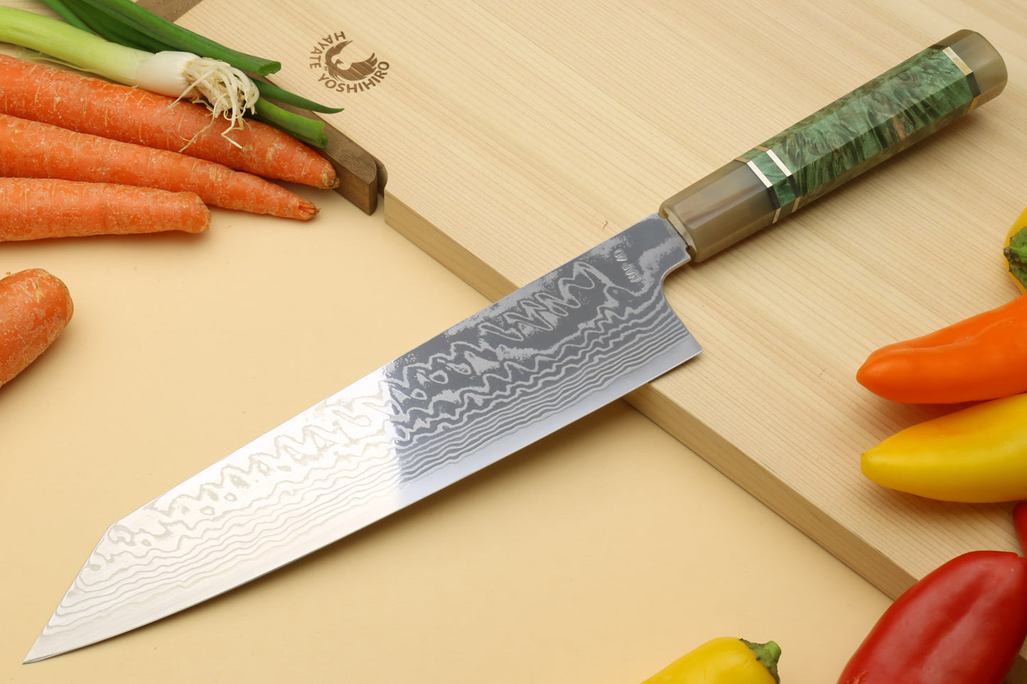 Yoshihiro HAP40 High Speed Stainless Steel Suminagashi Kiritsuke Multipurpose Chefs Knife, Triple Ring Stabilized Maple Burl Handle