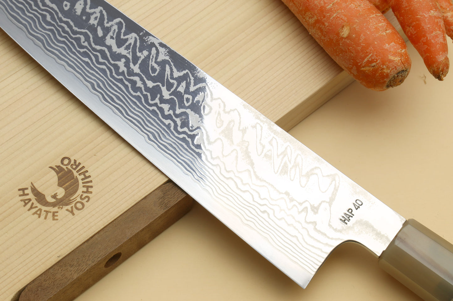 Yoshihiro HAP40 High Speed Stainless Steel Suminagashi Kiritsuke Multipurpose Chefs Knife, Triple Ring Stabilized Maple Burl Handle