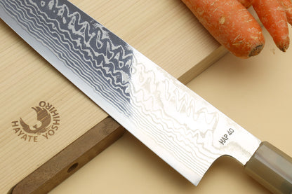 Yoshihiro HAP40 High Speed Stainless Steel Suminagashi Kiritsuke Multipurpose Chefs Knife, Triple Ring Stabilized Maple Burl Handle