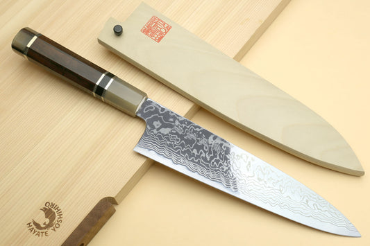 Yoshihiro Hayate ZDP-189 Super High Carbon Stainless Steel Damascus Gyuto Chef Knife Octagonal Ebony Wood Handle with Triple Ring