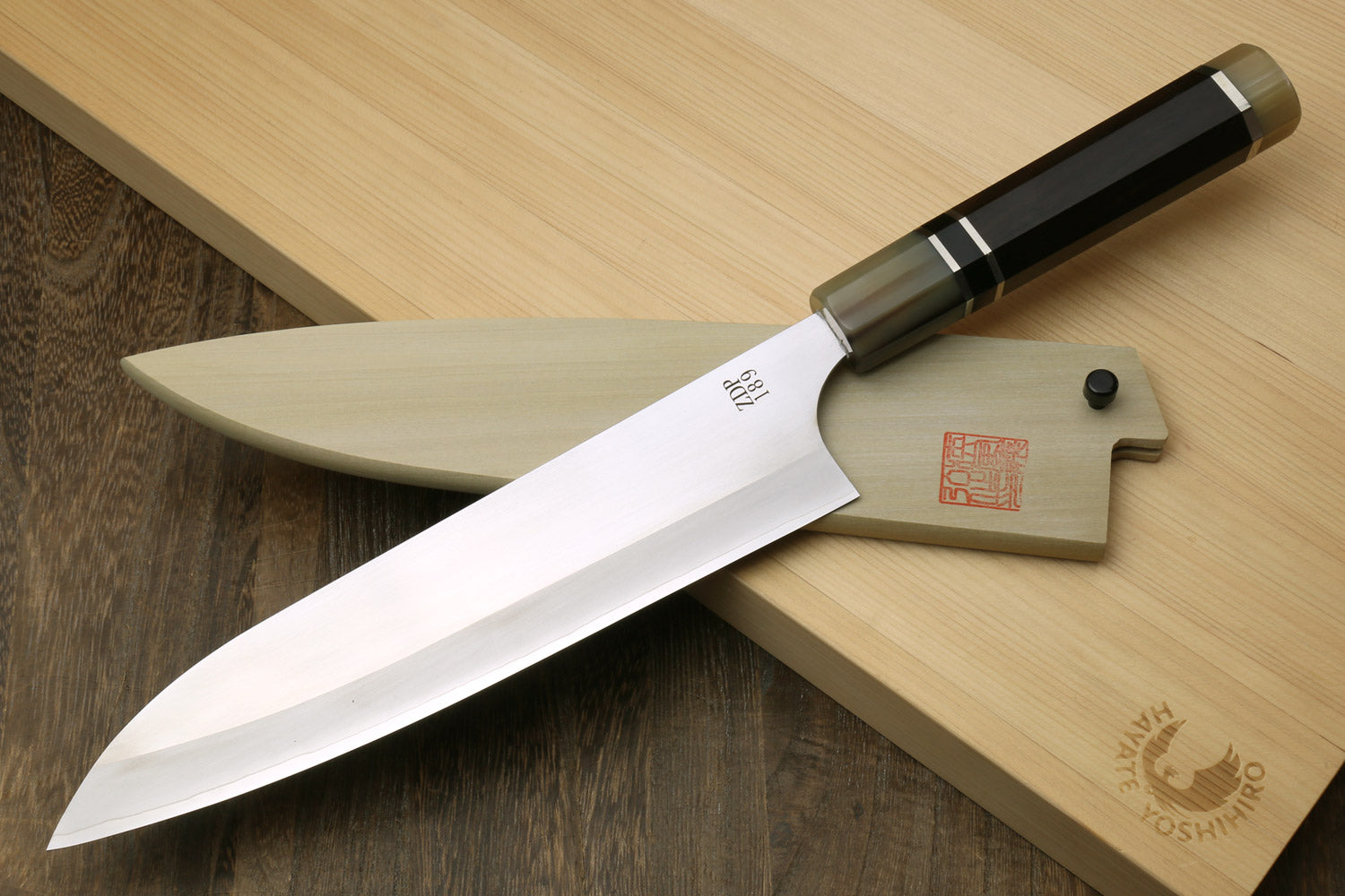 Yoshihiro Hayate ZDP-189 Super High Carbon Stainless Steel Gyuto Chefs Knife Premium Ebony Handle with Triple Ring Handle with Water Buffalo Horn Bolster