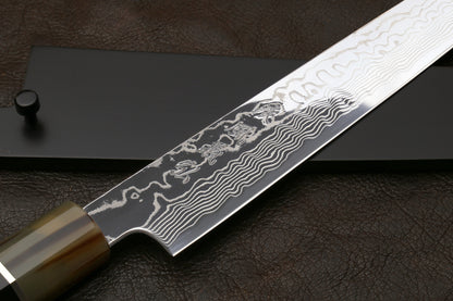 Yoshihiro Hayate ZDP 189 Super High Carbon Stainless Steel Suminagashi Damascus Sujihiki Slicer Knife Triple Ring Ebony Handle