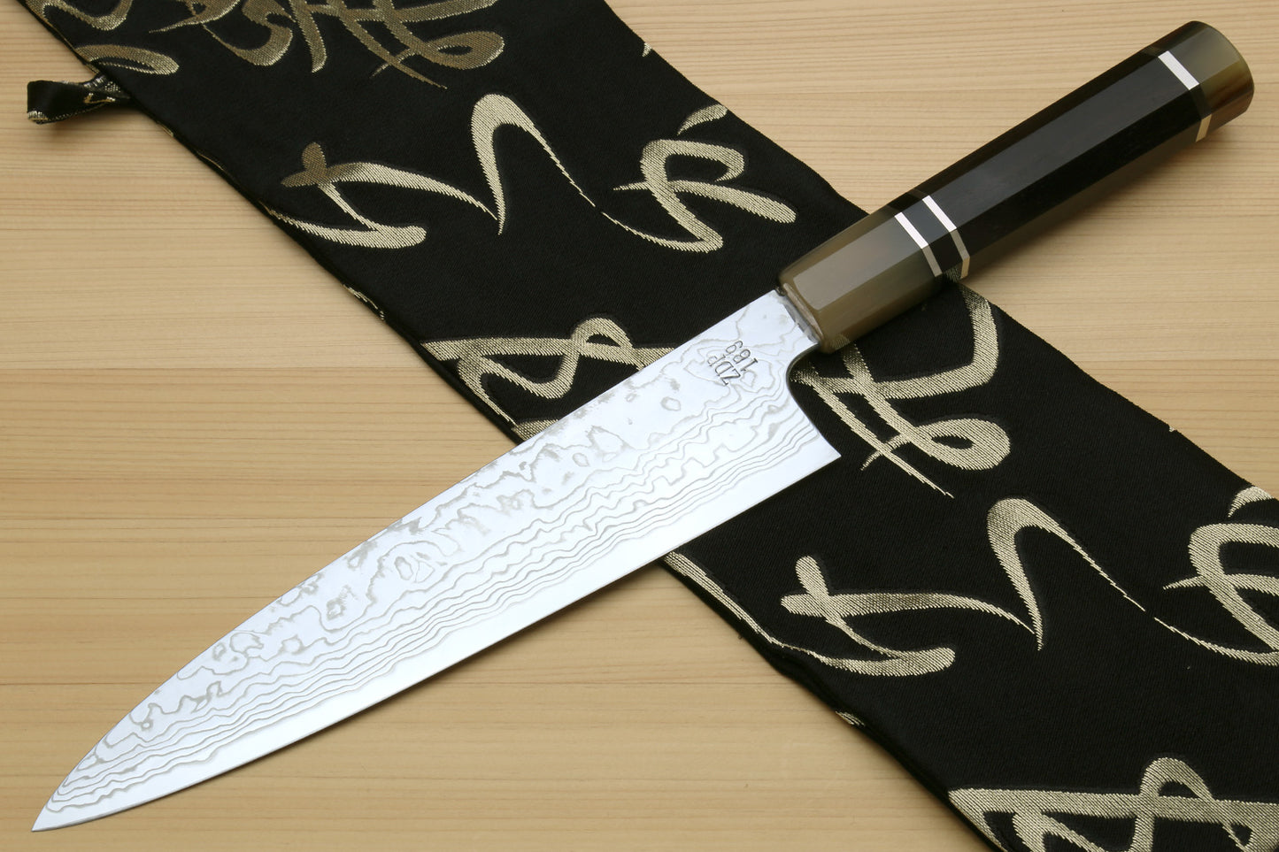 Yoshihiro Hayate ZDP-189 Super High Carbon Stainless Steel Suminagashi Gyuto Chef Knife Octagonal Ebony Wood Handle with Triple Ring