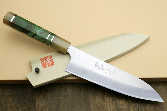 Yoshihiro High Speed Steel HAP40 Gyuto Chefs Knife with Stabilized Maple Burl Handle and Magnolia Saya Cover