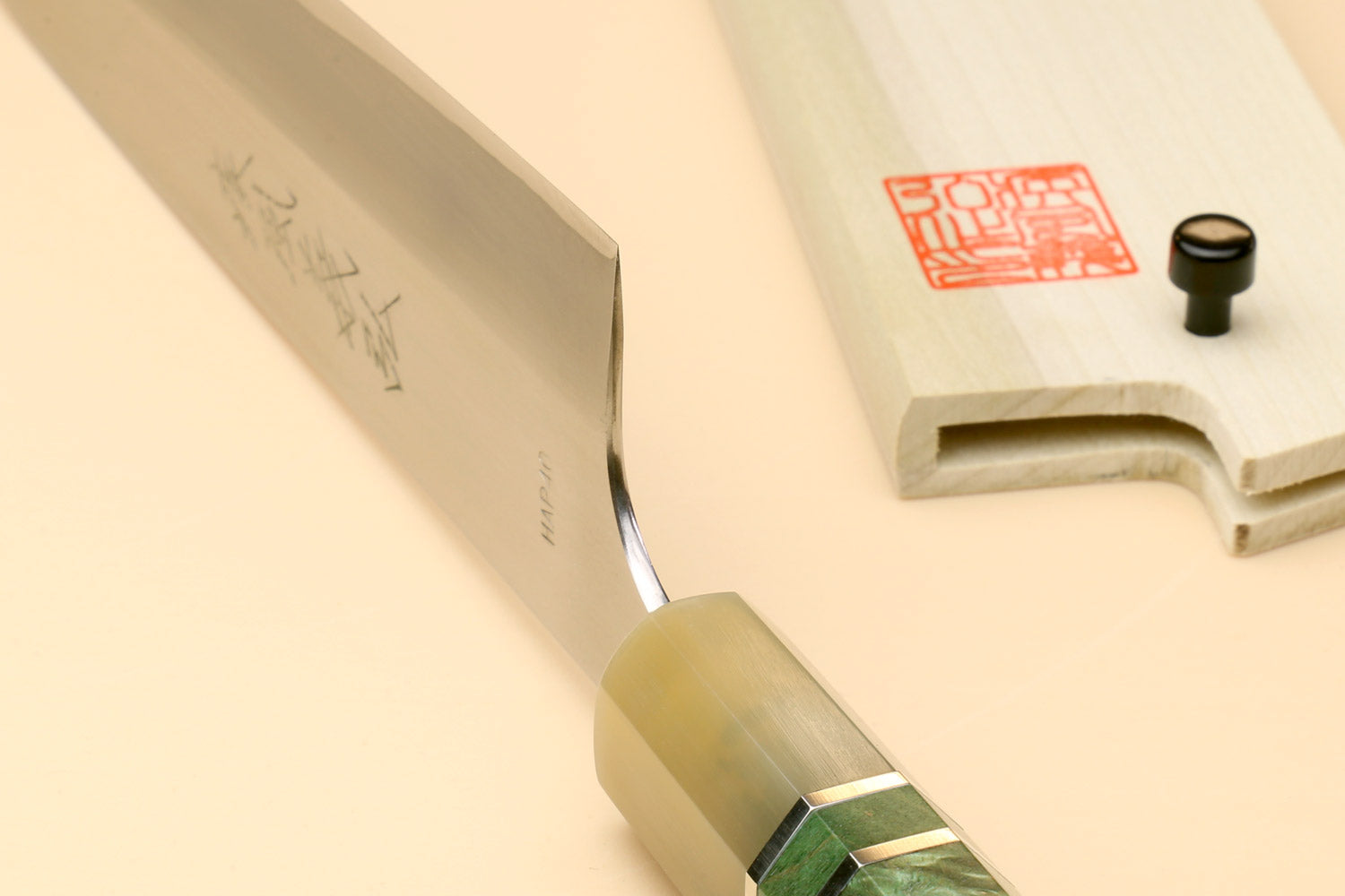 Yoshihiro High Speed Steel HAP40 Gyuto Chefs Knife with Stabilized Maple Burl Handle and Magnolia Saya Cover