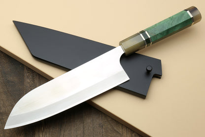 Yoshihiro High Speed Steel HAP40 Santoku Multipurpose Chefs Knife with Stabilized Maple Burl Handle and Nuri Saya Cover