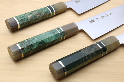 Yoshihiro Inox Honyaki Stain Resistant Steel Wa Gyuto Chef Knife with Stabilized Maple Burl Handle and Magnolia Saya Cover