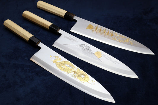 Yoshihiro Kasumi White Steel Deba Fish Fillet Knife - Hand-Etched Gold 3-SET, Limited Edition, 300mm (Magnolia Handles)