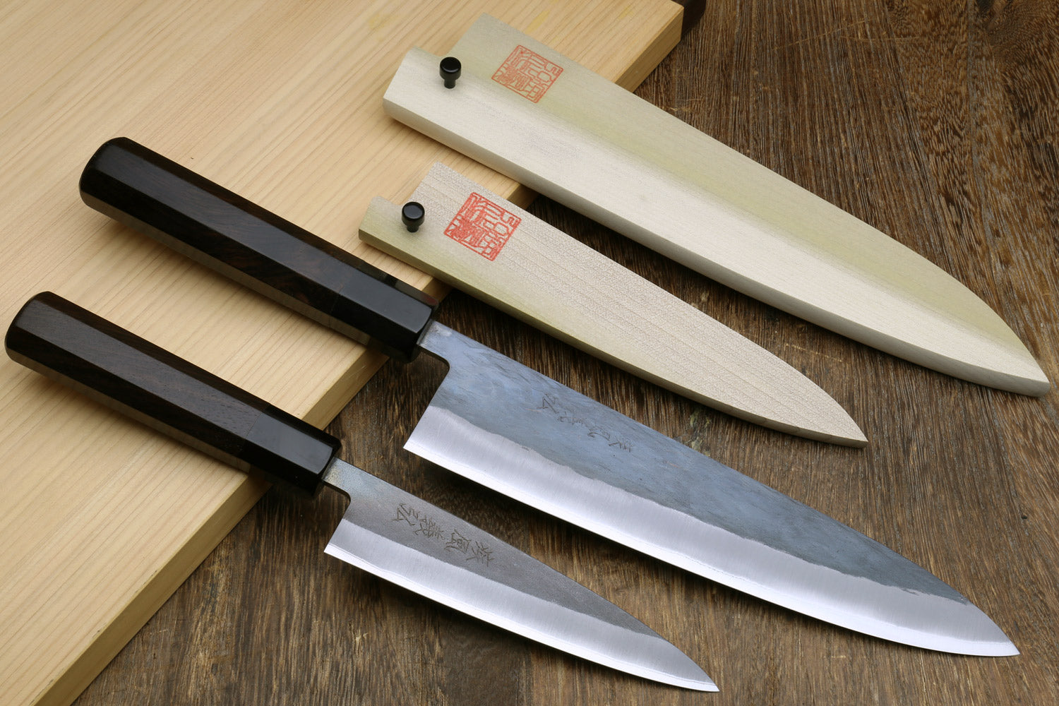 Yoshihiro Kurouchi Black-Forged Blue Steel Stainless Clad Gyuto Chefs Knife and Petty Utility Knife 2PC SET (Ebony Handle)