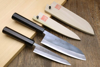 Yoshihiro Kurouchi Black-Forged Blue Steel Stainless Clad Santoku Multipurpose Knife 6.5"(165mm) and Petty Utility Knife 5.3"(135mm) 2PC SET (Ebony Handle)