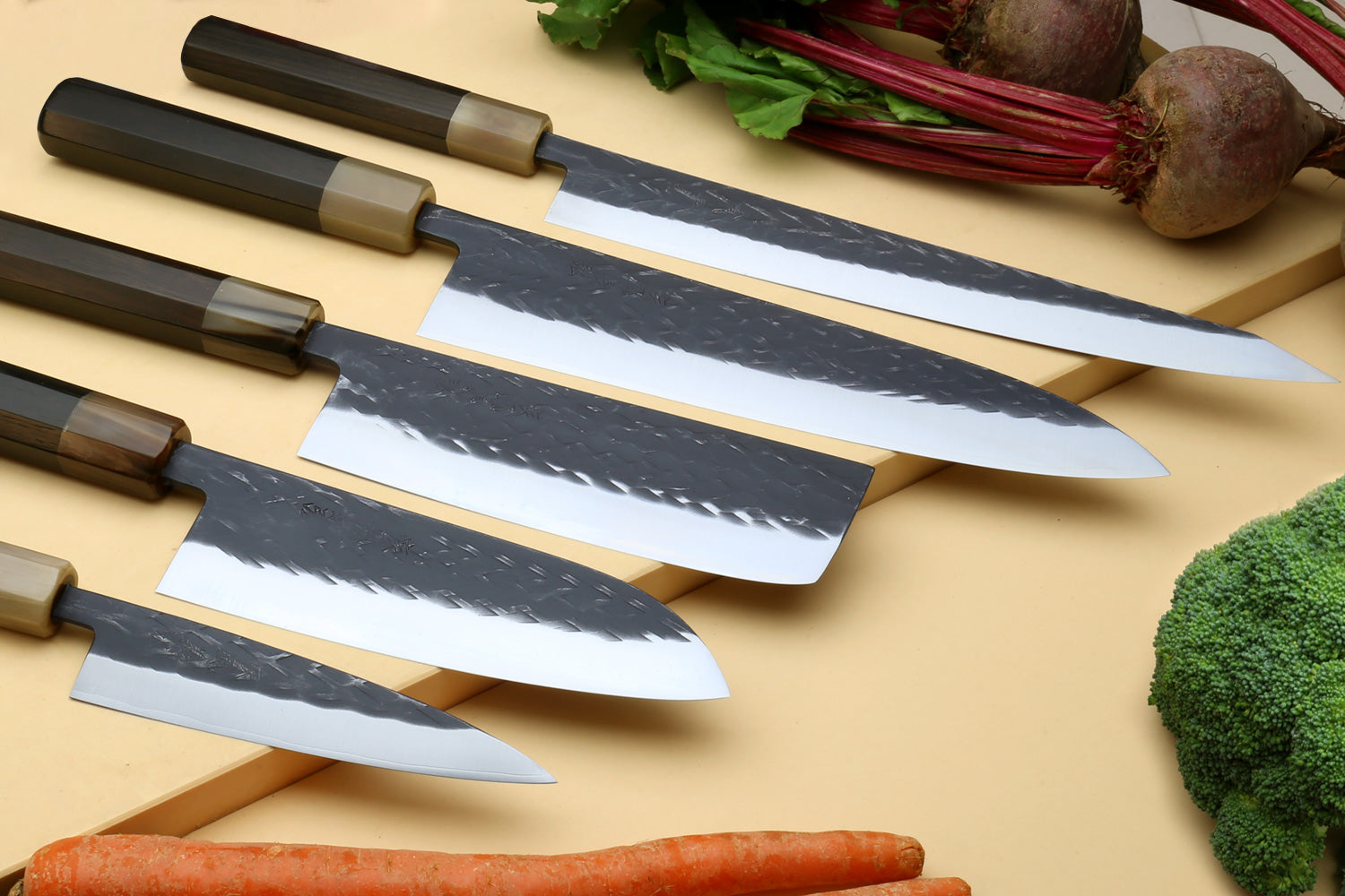 Yoshihiro Kurouchi Stainless Clad Nashiji High Performance SLD (Gyuto, Santoku, Nakiri, Sujihiki-Kiritsuke & Petty) 5pc Knife Set with Magnolia Saya