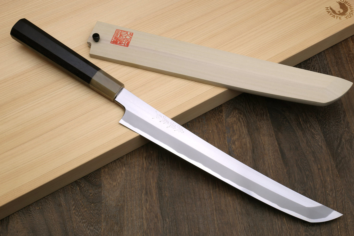 Yoshihiro Masashi Hongasumi White Steel Curved Sakimaru Takobiki Sushi Sashimi Japanese Knife Ebony Handle