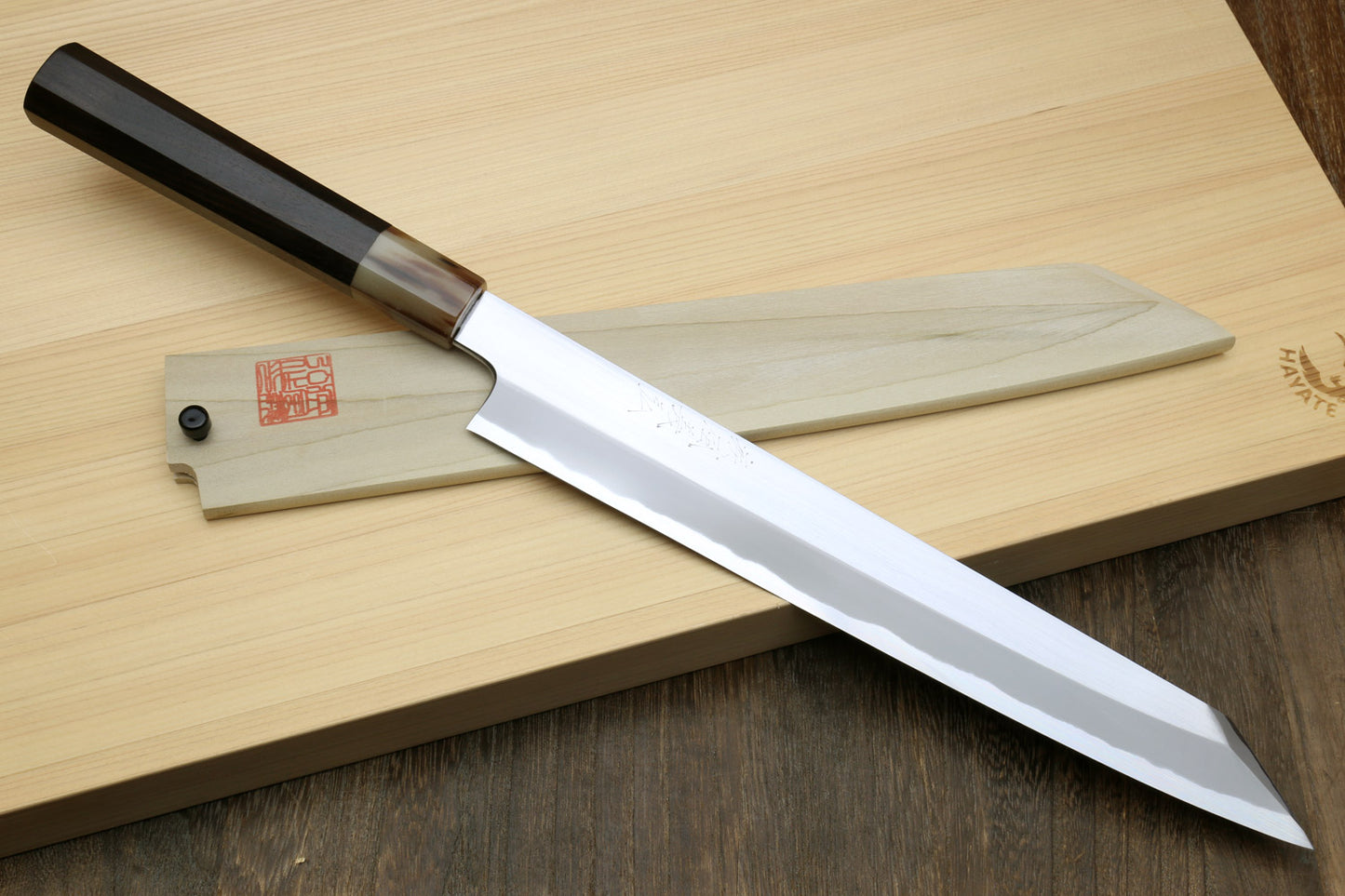 Yoshihiro Masashi Hongasumi White Steel Yanagi-Kiritsuke Sushi Sashimi Japanese Knife Ebony Handle