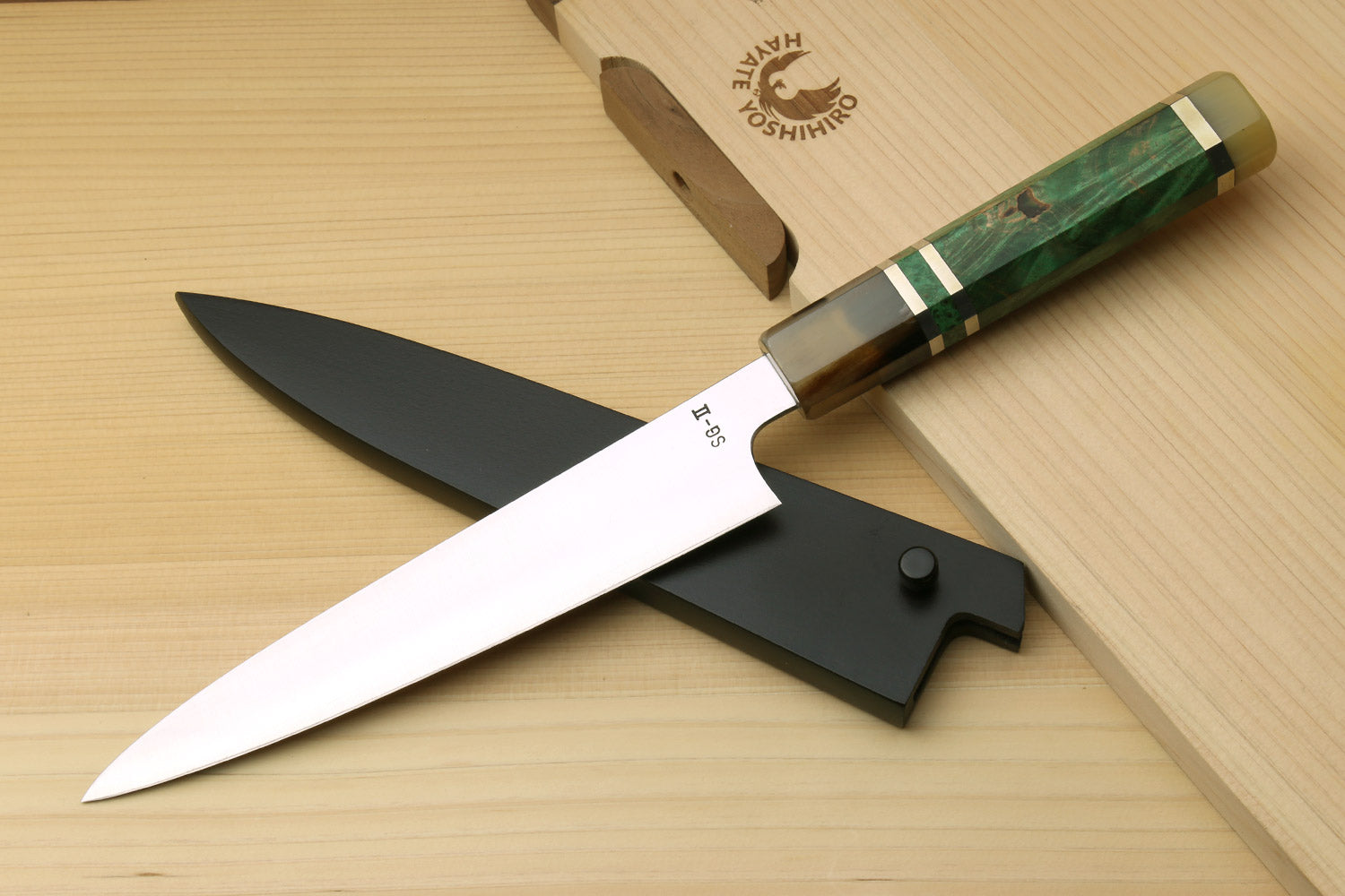 Yoshihiro SG-II (R-2) Semi-Stainless Petty Utility Knife Triple Ring Stabilized Maple Burl Handle