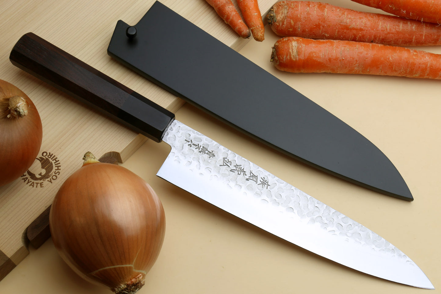 Yoshihiro Super Blue Steel Stainless Clad Hammered Gyuto Chefs Knife Rosewood Handle