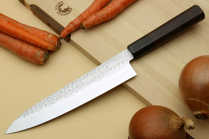 Yoshihiro Super Blue Steel Stainless Clad Hammered Gyuto Chefs Knife Rosewood Handle