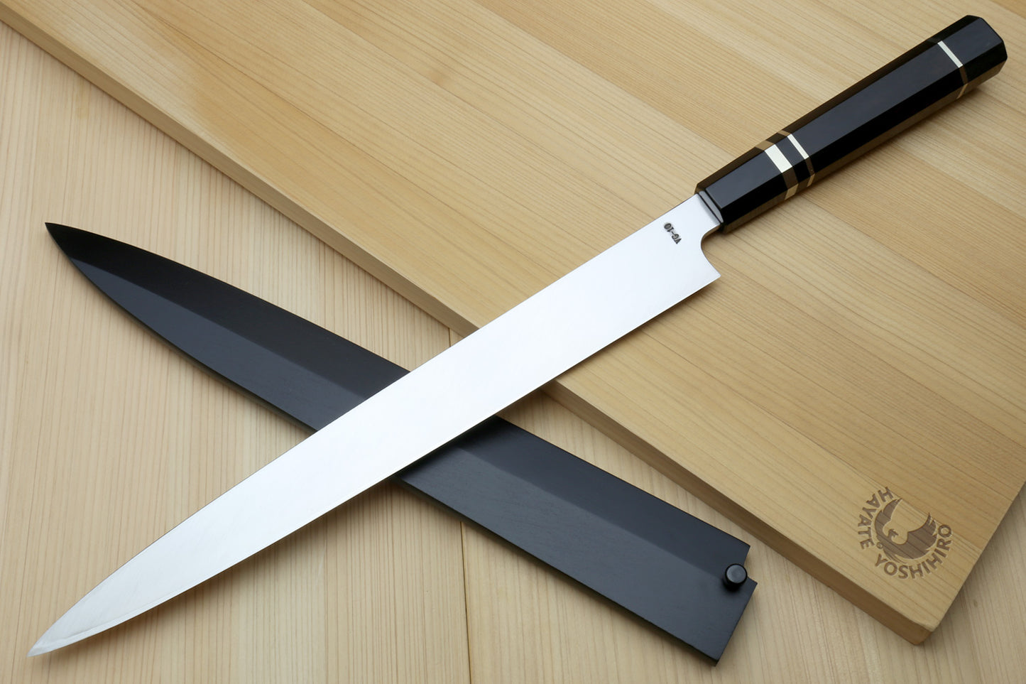 Yoshihiro SVG-10 Semi-Stainless Steel Mirror Finished Yanagi Sushi Sashimi Japanese Knife Ebony Handle with Triple Nickel Silver Ring