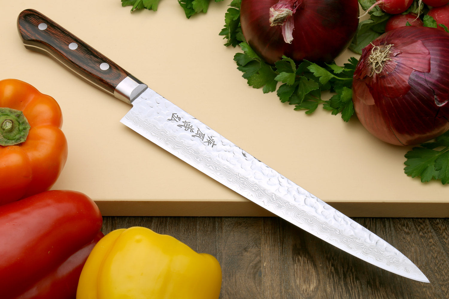 Yoshihiro VG-10 16 Layer Hammered Damascus Stainless Steel Sujihiki Slicer Chefs knife 9.5" (240mm)