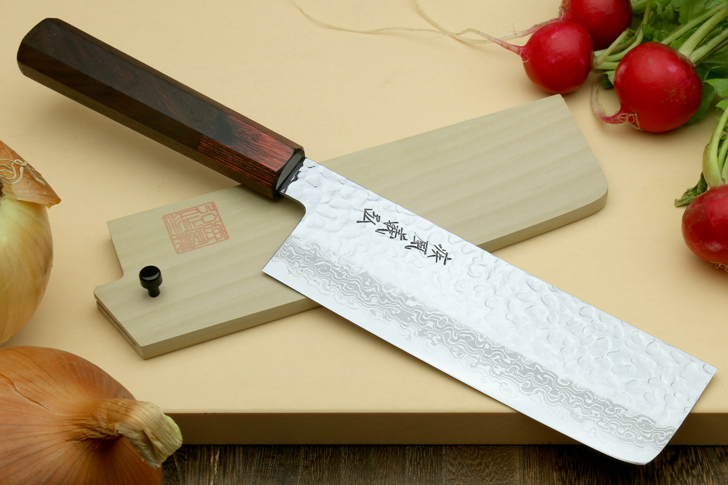 Yoshihiro VG-10 46 Layers Hammered Damascus Nakiri Japanese Vegetable Knife (6.5'' (165mm)) (Rosewood Handle)