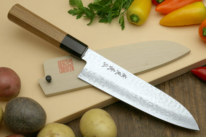 Yoshihiro VG-10 46 Layers Hammered Damascus Santoku Knife Japanese Multipurpose Chef Knife (Octagonal Ambrosia Handle)