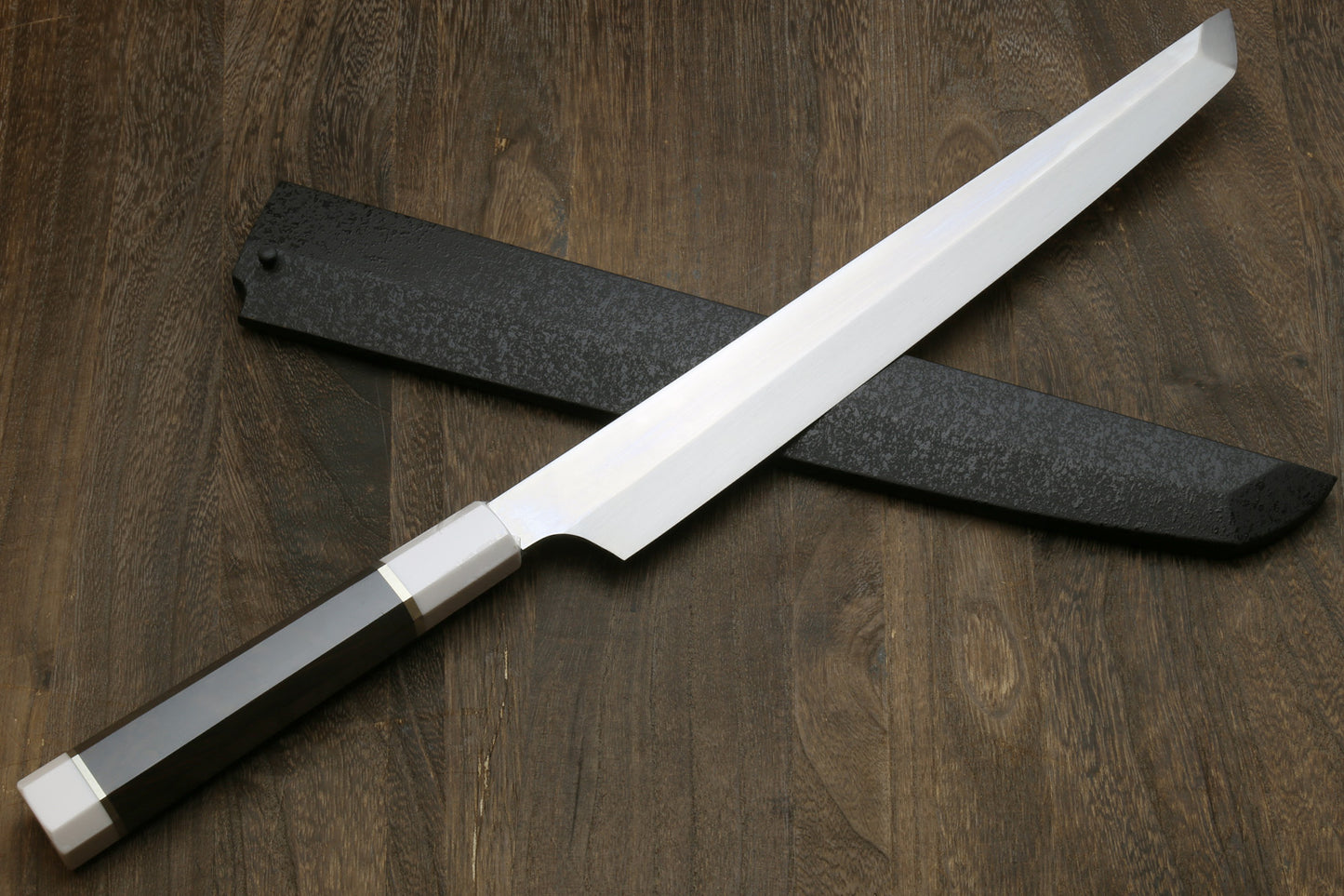 Yoshihiro VG-10 Honyaki Sakimaru Takobiki Japanese Sushi Sashimi Knife with Double Nickel Silver Ring Corian Ebony Handle