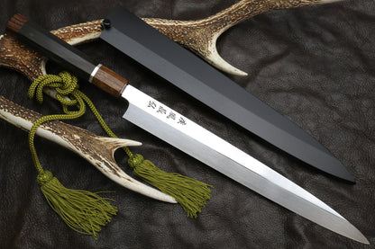 Yoshihiro SG-II (R-2) Semi-Stainless Steel Mirror Polished Yanagi Sashimi Knife, Silver Ring Ebony Handle