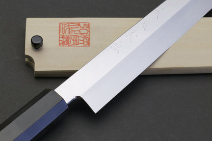 Yoshihiro Honyaki White Steel Sakimaru Takobiki Mirror Finished Sushi Sashimi Slicing Japanese Chef Knife Ebony Handle