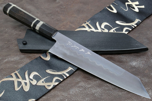 Yoshihiro Mizu Yaki Honyaki Shiroko White Steel #2 Mirror Polished Gyuto Japanese Chef Knife with Triple Nickel Silver Ring Ebony Handle