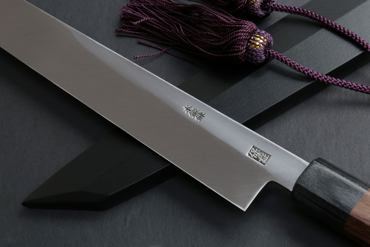 Yoshihiro Hongasumi Blue Steel Yanagi-Kiritsuke Sushi Sashimi Japanese Knife Rosewood Handle with Nuri Saya Cover