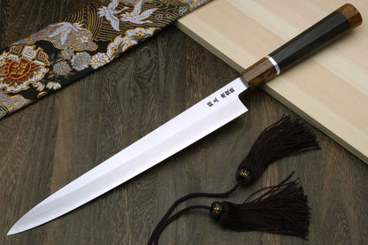 Yoshihiro Hiryu Ginsan High Carbon Stainless Steel Sujihiki Slicer Knife Silver Ring Ebony Handle with Nuri Saya Cover