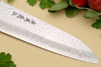 Yoshihiro VG-10 16 Layer Hammered Damascus Stainless Steel Santoku and Petty Knife Set