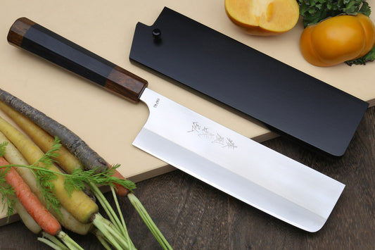 Yoshihiro High Speed Steel HAP40 Nakiri Vegetable Chefs Knife Ebony Handle with Nuri Saya Cover